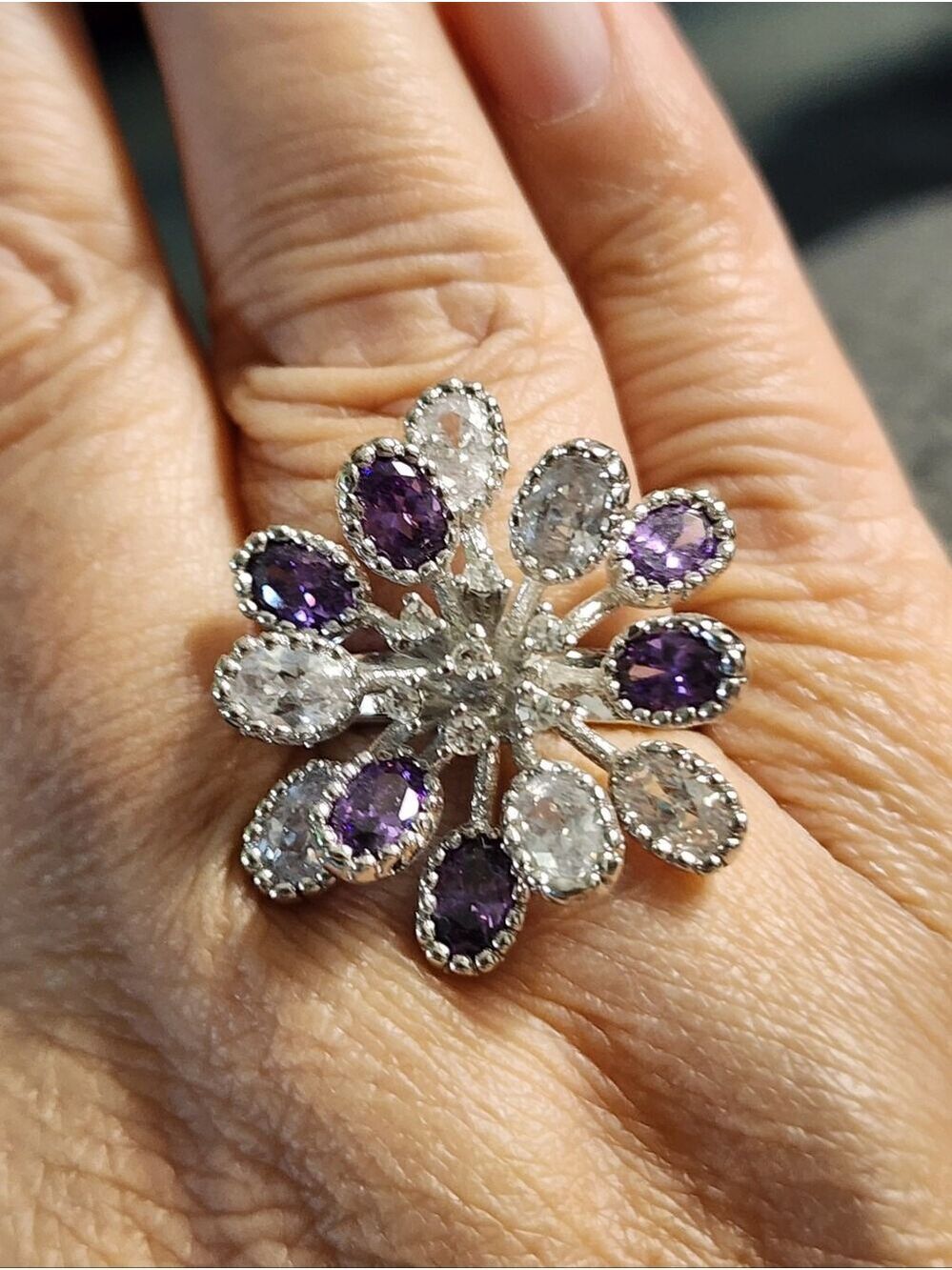 Amethyst Clear CZ Silvertone Floral Cluster Ring
